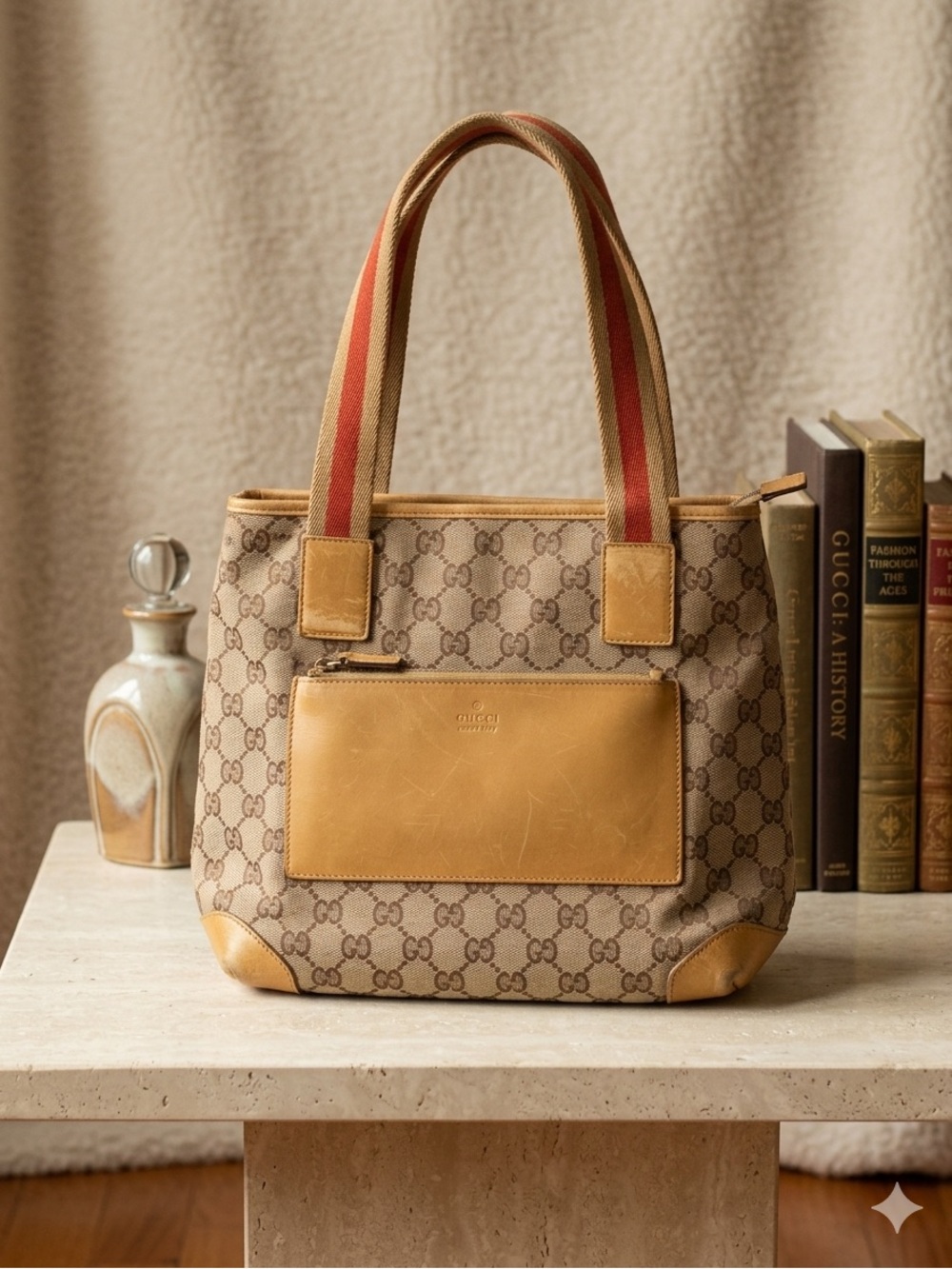 Gucci Tan & Beige GG Canvas Tote with Red-Striped Handles